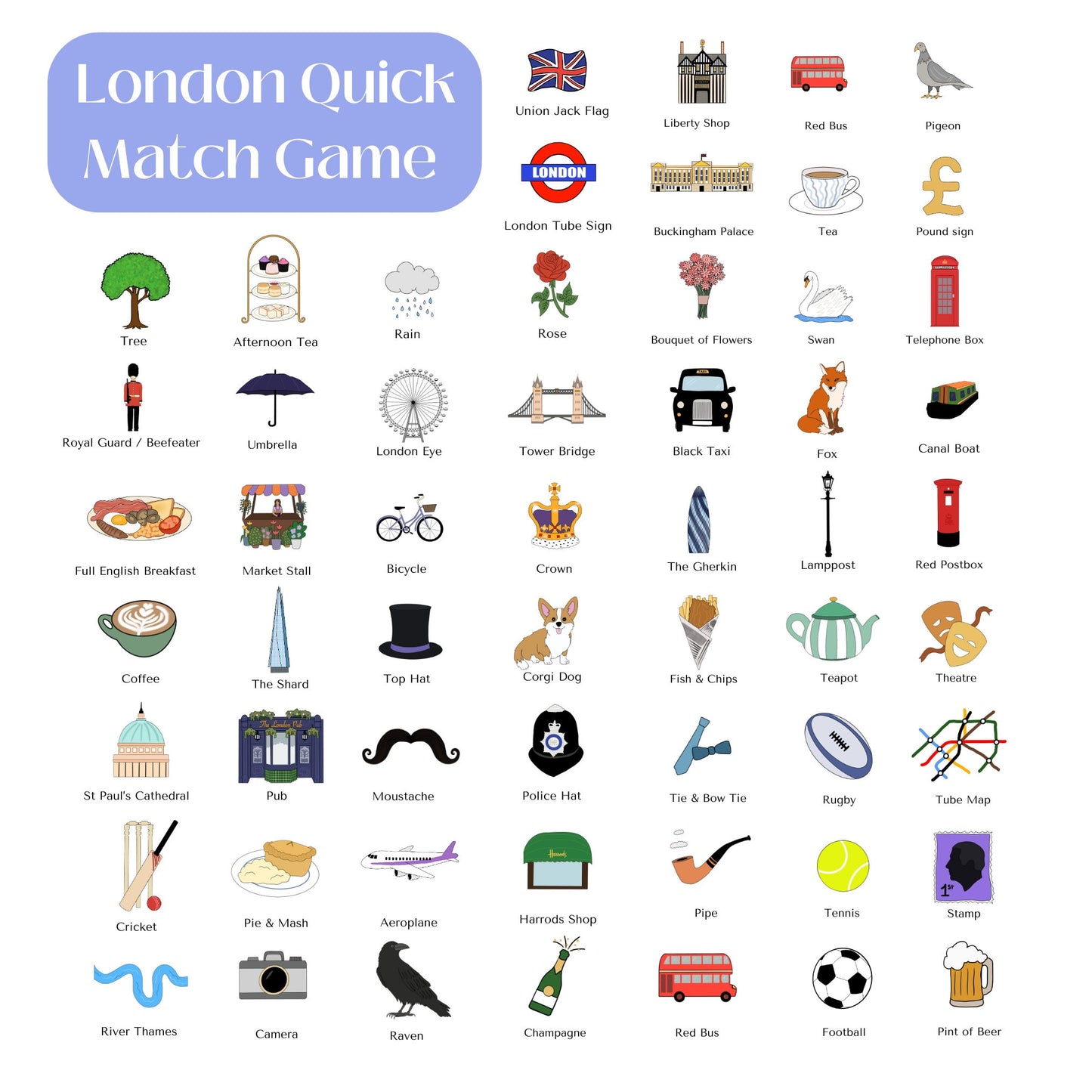 London Match Card Game | Hand drawn digital Illustrations, a perfect birthday gift or souvenir of a London trip | Personalisation options