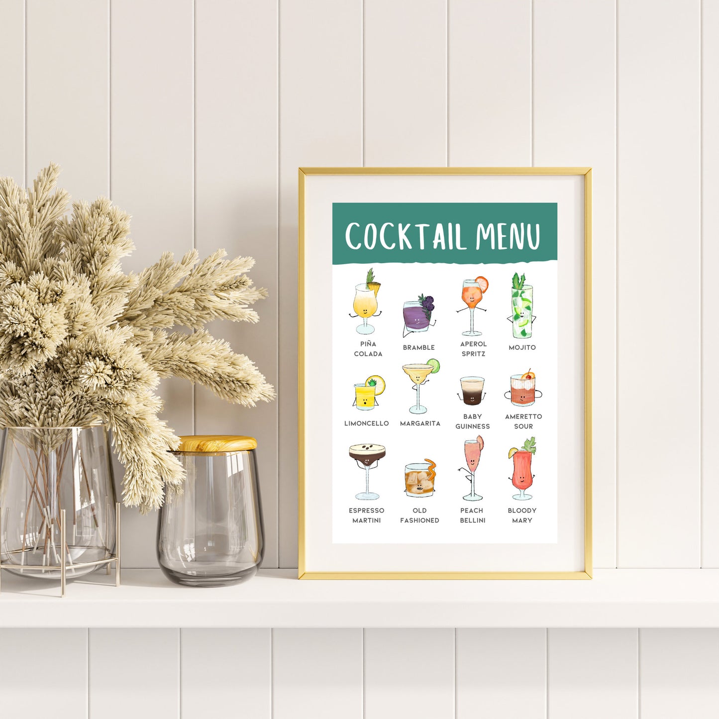 A3 A4 Cocktail Menu Poster Wall Art with Green Header | Fun Illustrated Popular Cocktails, perfect for your hallway, home bar or living room