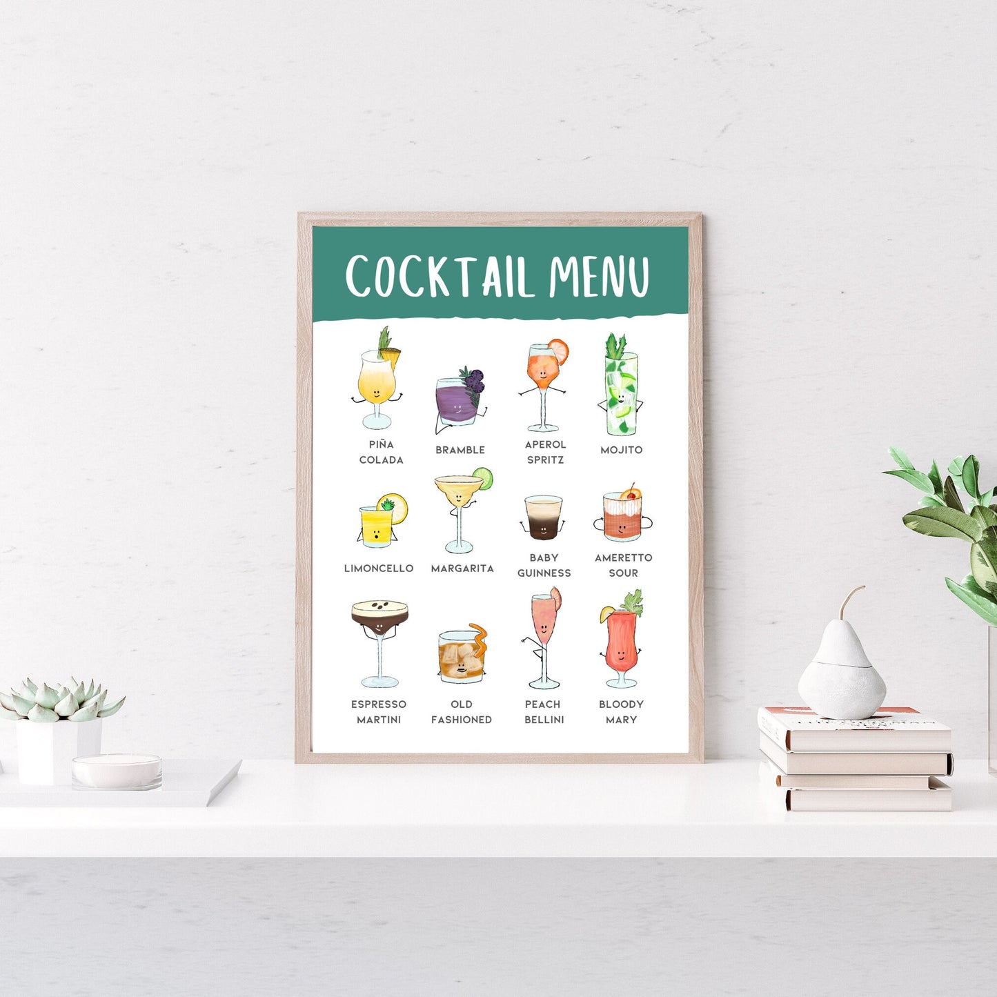 A3 A4 Cocktail Menu Poster Wall Art with Green Header | Fun Illustrated Popular Cocktails, perfect for your hallway, home bar or living room