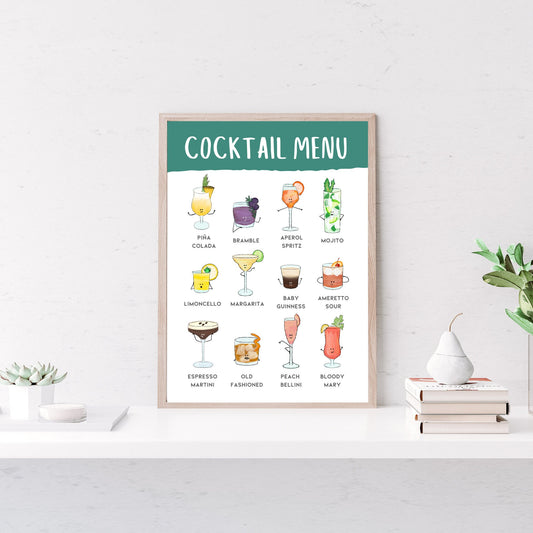 A3 A4 Cocktail Menu Poster Wall Art with Green Header | Fun Illustrated Popular Cocktails, perfect for your hallway, home bar or living room