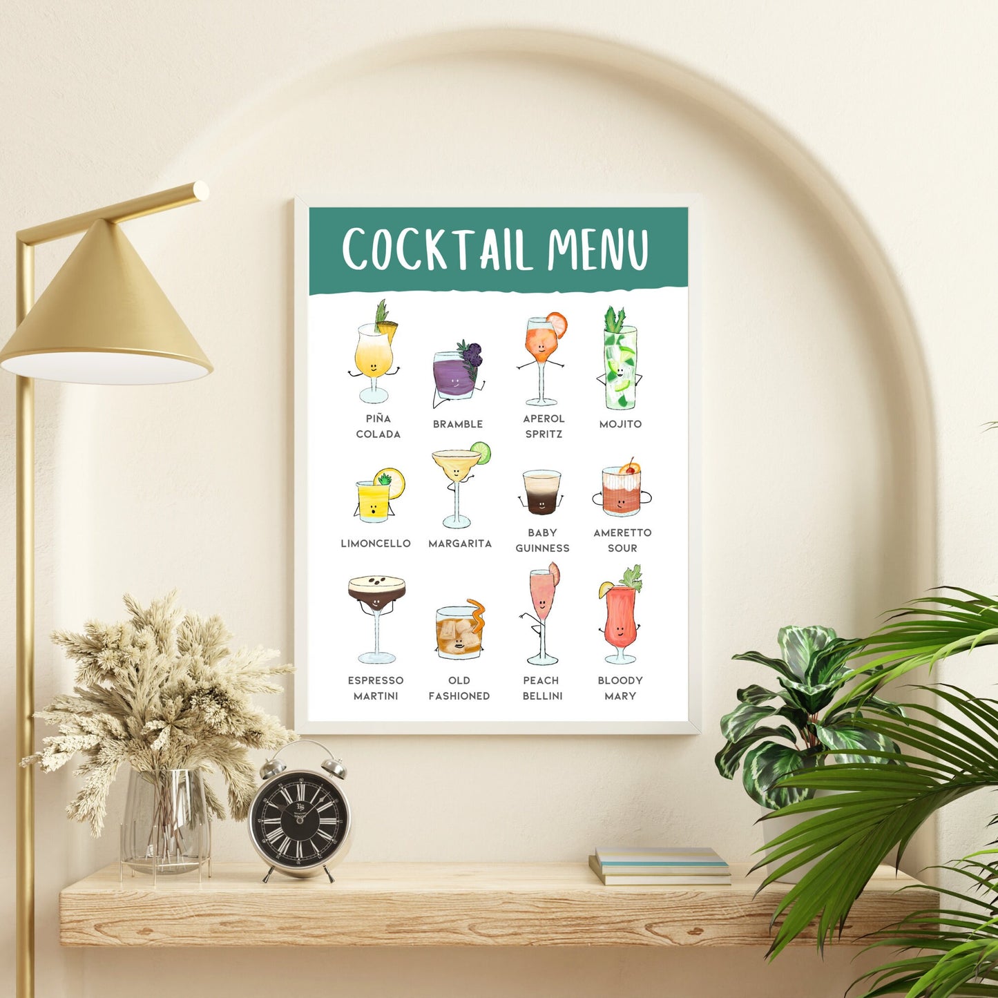 A3 A4 Cocktail Menu Poster Wall Art with Green Header | Fun Illustrated Popular Cocktails, perfect for your hallway, home bar or living room