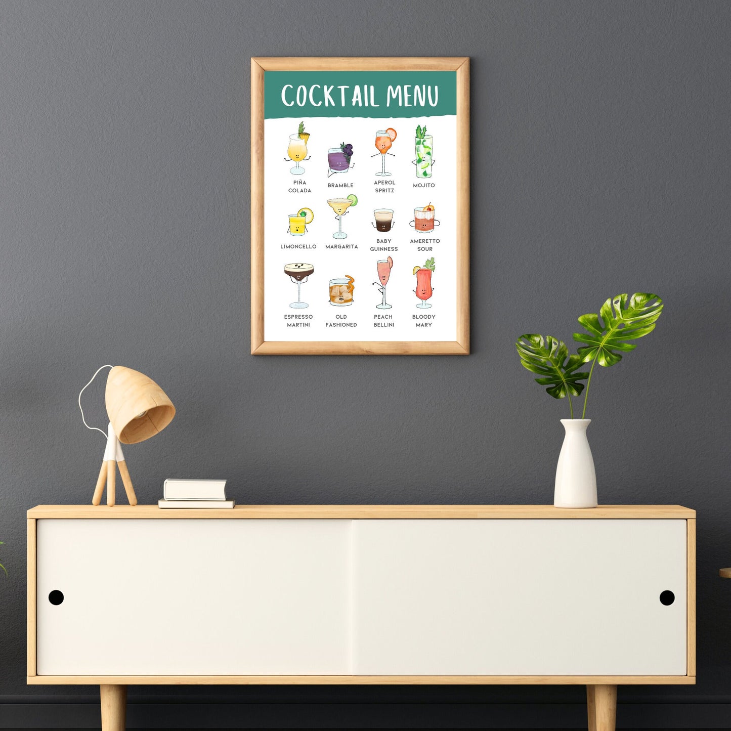 A3 A4 Cocktail Menu Poster Wall Art with Green Header | Fun Illustrated Popular Cocktails, perfect for your hallway, home bar or living room